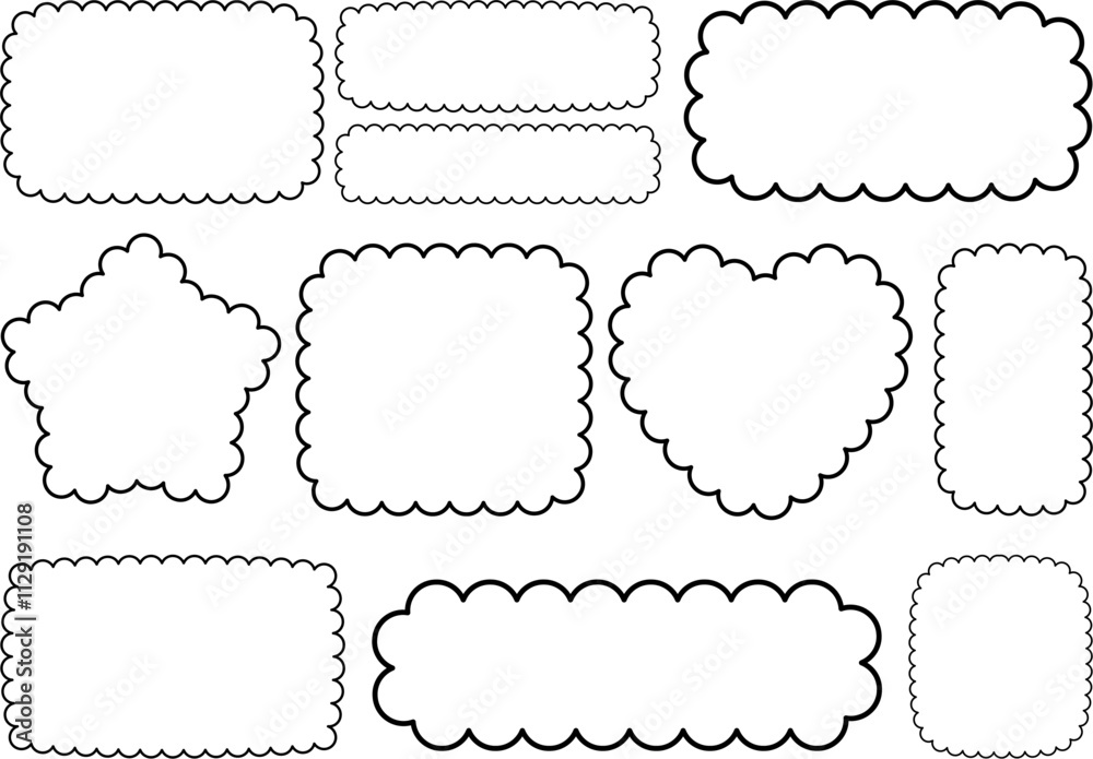 Set of scalloped frame vector shapes of decorative borders including rectangles, star, and heart designs, black outline scallop elements for labels, cards, and creative projects Set of scalloped frame vector shapes of decorative borders including rectangles, star, and heart designs, black outline scallop elements for labels, cards, and creative projects
