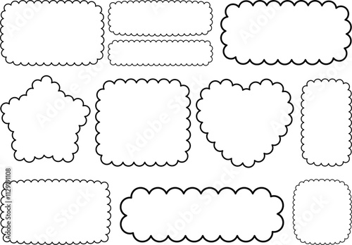 Set of scalloped frame vector shapes of decorative borders including rectangles, star, and heart designs, black outline scallop elements for labels, cards, and creative projects