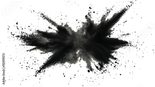 Black powder explosion with dark colors isolated white background. Abstract powder splatted on white background, Black vibrant paint black powder explosion with dark colors isolated white background.	