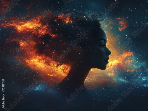 Ethereal silhouette of a woman amidst cosmic flames celestial scene digital art dark environment side profile view conceptual imagination