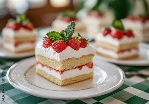 Delightful Layers of Strawberry Cake with Cream and Mint on Plate in a Cozy Setting Perfect for Celebrations and Family Gatherings