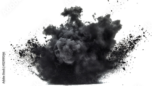 Black powder explosion with dark colors isolated white background. Abstract powder splatted on white background, Black vibrant paint black powder explosion with dark colors isolated white background.	