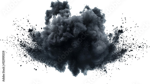 Black powder explosion with dark colors isolated white background. Abstract powder splatted on white background, Black vibrant paint black powder explosion with dark colors isolated white background.	