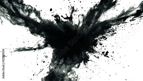 Black powder explosion with dark colors isolated white background. Abstract powder splatted on white background, Black vibrant paint black powder explosion with dark colors isolated white background.	