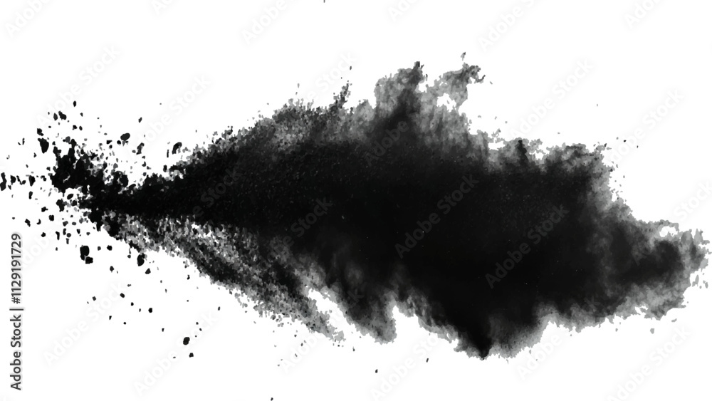 Black powder explosion with dark colors isolated white background. Abstract powder splatted on white background, Black vibrant paint black powder explosion with dark colors isolated white background.	