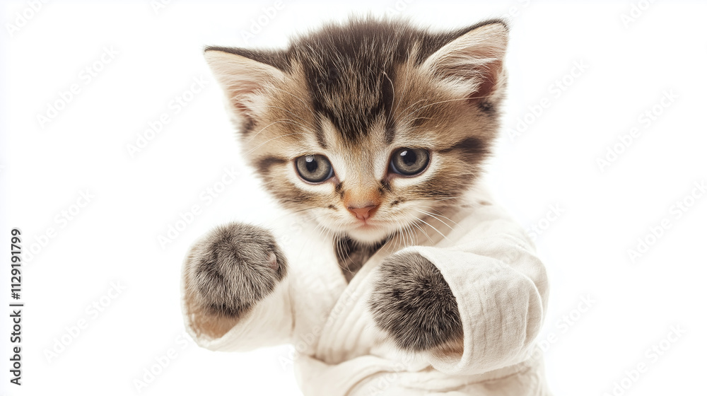 Obraz premium Adorable kitten in a karate gi, punching forward, isolated in white background