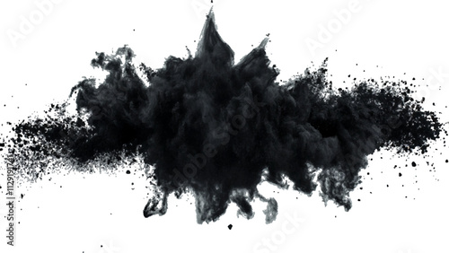 Black powder explosion with dark colors isolated white background. Abstract powder splatted on white background, Black vibrant paint black powder explosion with dark colors isolated white background.	