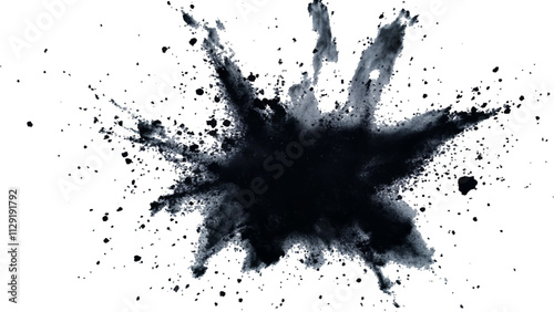 Black powder explosion with dark colors isolated white background. Abstract powder splatted on white background, Black vibrant paint black powder explosion with dark colors isolated white background.	