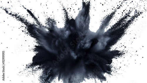 Black powder explosion with dark colors isolated white background. Abstract powder splatted on white background, Black vibrant paint black powder explosion with dark colors isolated white background.	