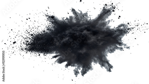 Black powder explosion with dark colors isolated white background. Abstract powder splatted on white background, Black vibrant paint black powder explosion with dark colors isolated white background.	