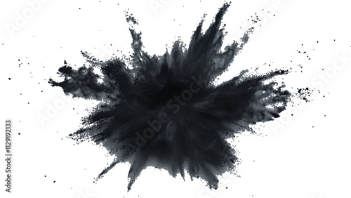 Black powder explosion with dark colors isolated white background. Abstract powder splatted on white background, Black vibrant paint black powder explosion with dark colors isolated white background.	
