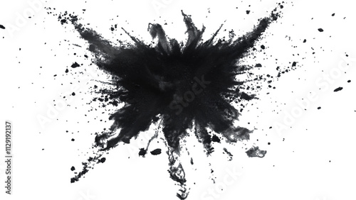 Black powder explosion with dark colors isolated white background. Abstract powder splatted on white background, Black vibrant paint black powder explosion with dark colors isolated white background.	