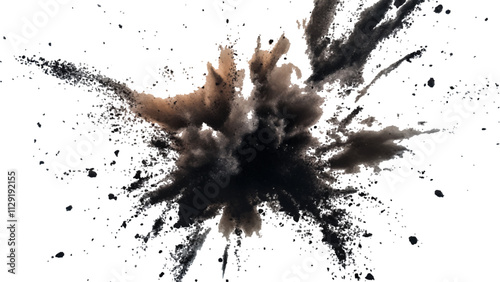Black powder explosion with dark colors isolated white background. Abstract powder splatted on white background, Black vibrant paint black powder explosion with dark colors isolated white background.	