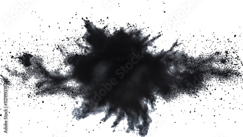 Black powder explosion with dark colors isolated white background. Abstract powder splatted on white background, Black vibrant paint black powder explosion with dark colors isolated white background.	
