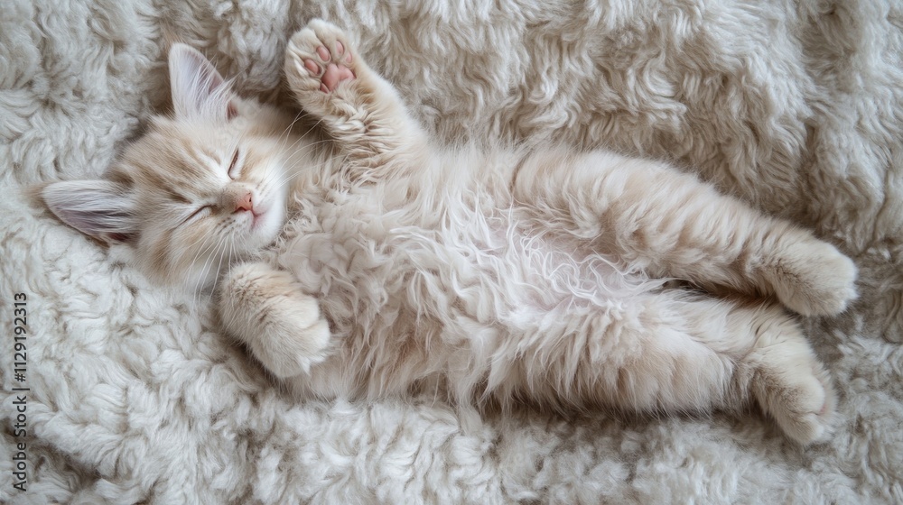 White kitten sleeping on a white blanket. Selective focus. White kitten sleeping on a white blanket. Selective focus.