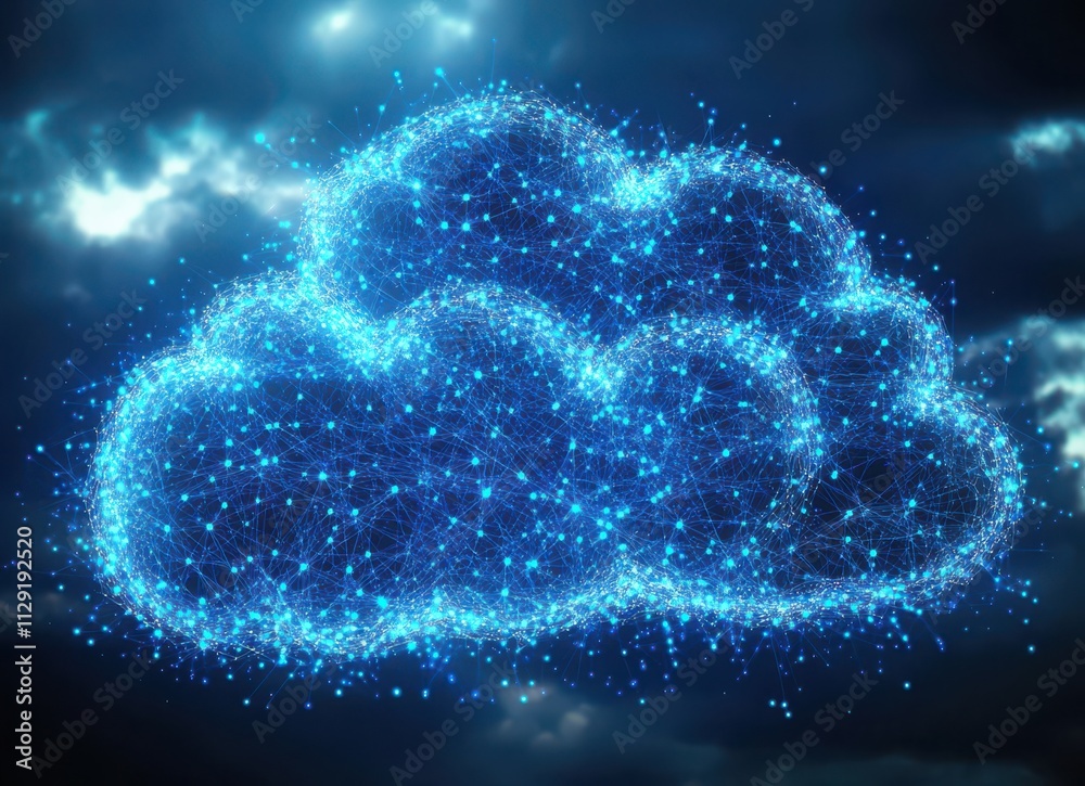 Digital Cloud Technology Concept with Blue Network Connecting Dots and Lines on a Dark Background Representing Data Transfer and Connectivity Digital Cloud Technology Concept with Blue Network Connecting Dots and Lines on a Dark Background Representing Data Transfer and Connectivity