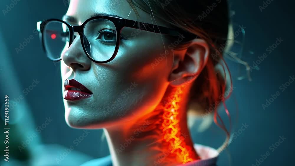 Close-up of a woman with a red spine visible