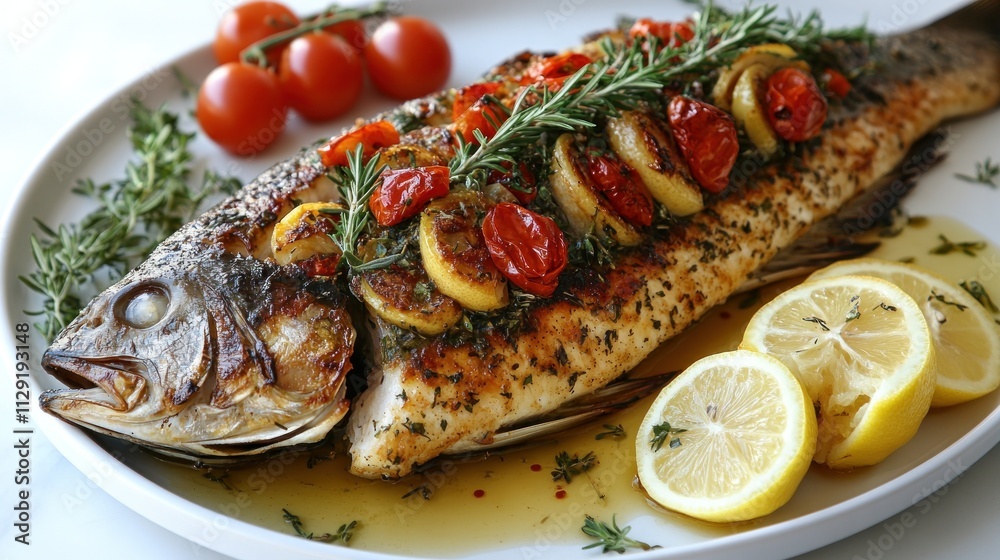 A whole roasted sea bass stuffed with lemon and fresh herbs, presented on a white serving dish with a drizzle of olive oil, placed against a plain white background A whole roasted sea bass stuffed with lemon and fresh herbs, presented on a white serving dish with a drizzle of olive oil, placed against a plain white background
