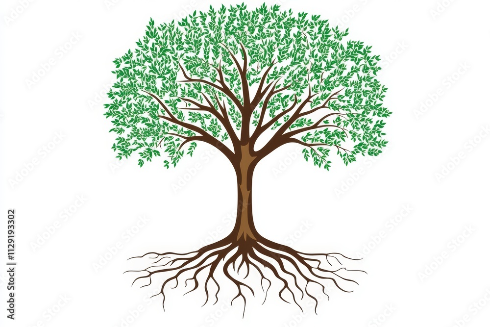 Fototapeta premium Lush green tree with extensive root system isolated on white.