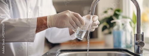 A man takes a water sample in the kitchen. Selective focus.