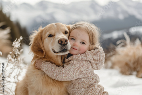 Joyful little baby girl cuddles golden retriever in snowy mountain landscape. Winter portrait of happy kid and dog captures love, friendship, and playful bond between a child and family pet.
