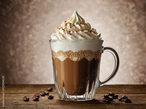 Un vaso elegante lleno de café espresso con una capa de crema batida en la parte superior, adornado con un toque de chocolate derretido