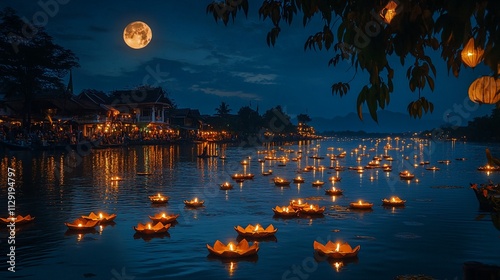 Midnight Glow: A Serene Moonlit Festival on Luminous Waters photo