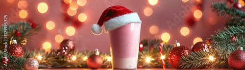 Christmas Health and Fitness. A surreal image of a Santa hat on a protein shake cup surrounded by festive decorations and glowing fairy lights, minimalist style, bright holiday palette