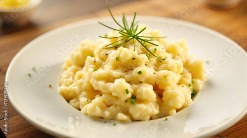 Creamy mashed potatoes with rosemary garnish on a white plate