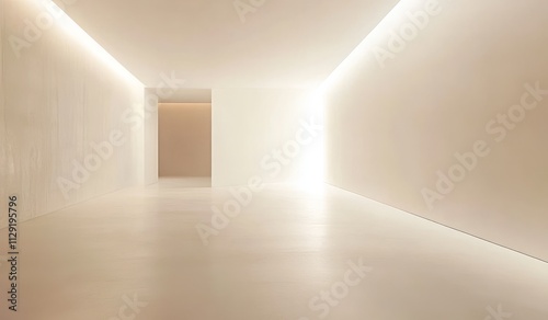 Minimalist white hallway with soft lighting and seamless walls and floor.