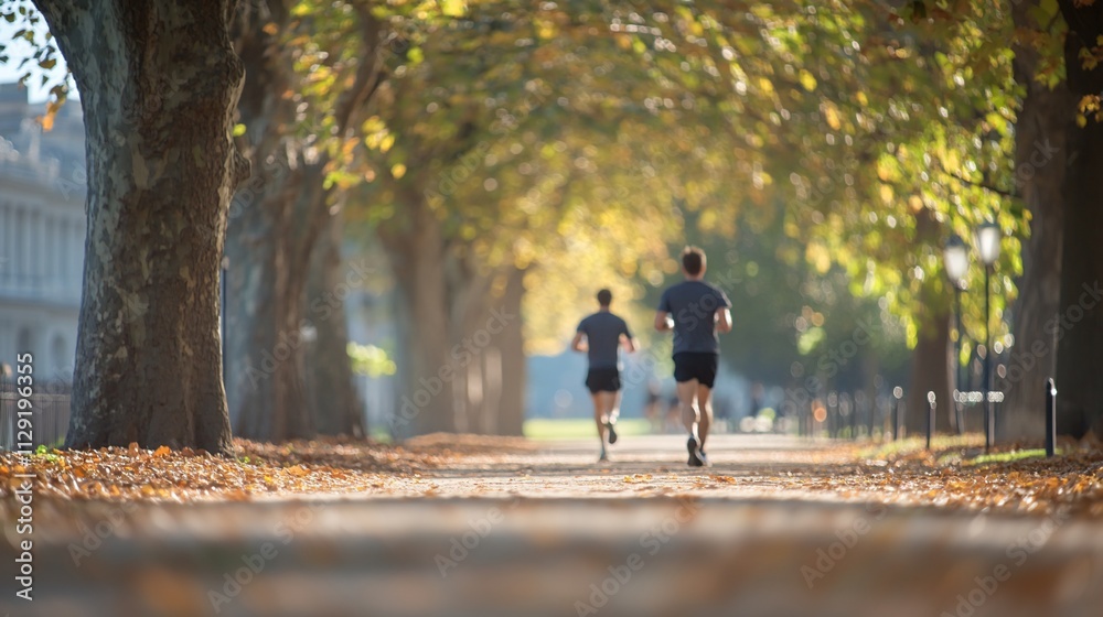 Two people jogging in autumn park pathway under trees. Sunlight through leaves. Two people jogging in autumn park pathway under trees. Sunlight through leaves.