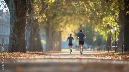 Two people jogging in autumn park pathway under trees. Sunlight through leaves.