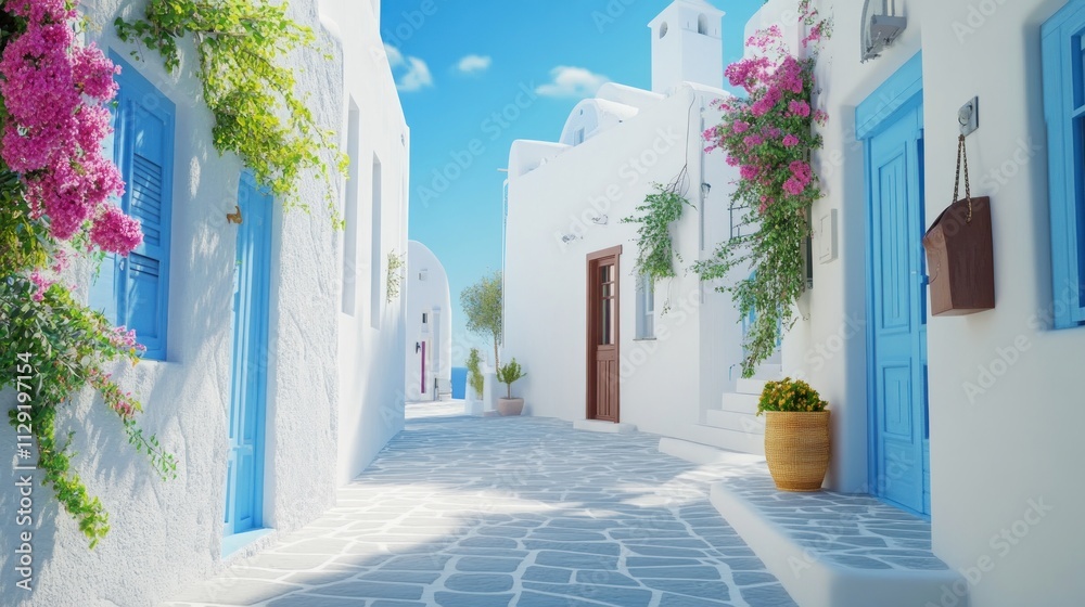 Fototapeta premium Architecture of island of Santorini, the most romantic island in the world, Greece. Hotels in Santorini. Walking the streets of Fira summer day, Travel to Greece. Beautiful white exterior Santorini