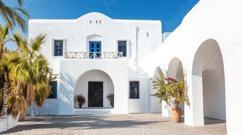 Fototapeta Naklejka Na Ścianę i Meble -  Architecture of island of Santorini, the most romantic island in the world, Greece. Hotels in Santorini. Walking the streets of Fira summer day, Travel to Greece. Beautiful white exterior Santorini