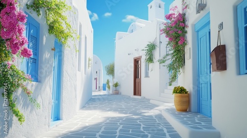Fototapeta Naklejka Na Ścianę i Meble -  Architecture of island of Santorini, the most romantic island in the world, Greece. Hotels in Santorini. Walking the streets of Fira summer day, Travel to Greece. Beautiful white exterior Santorini