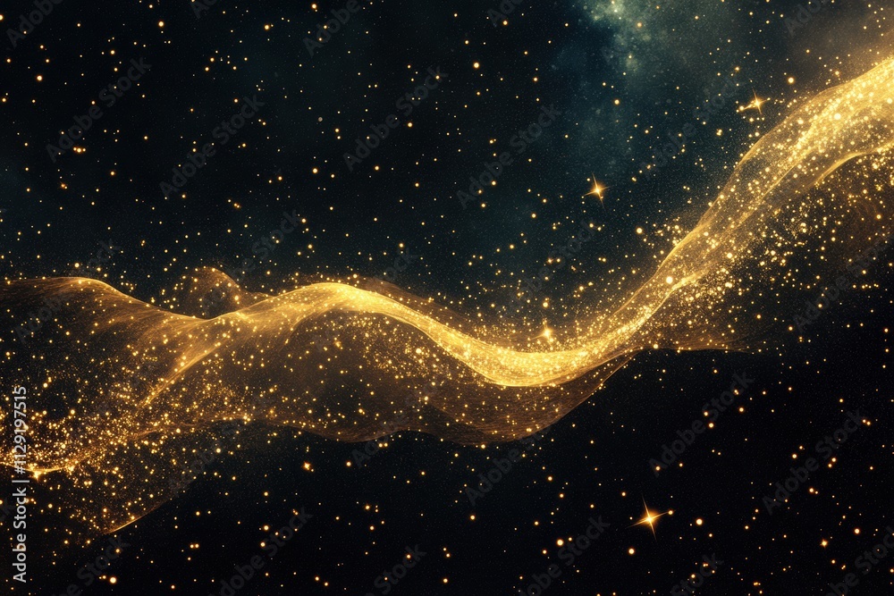 Naklejka premium A mesmerizing wave of golden glitter flows elegantly against a dark cosmic backdrop, providing ample space for additional text or graphics. Generative AI