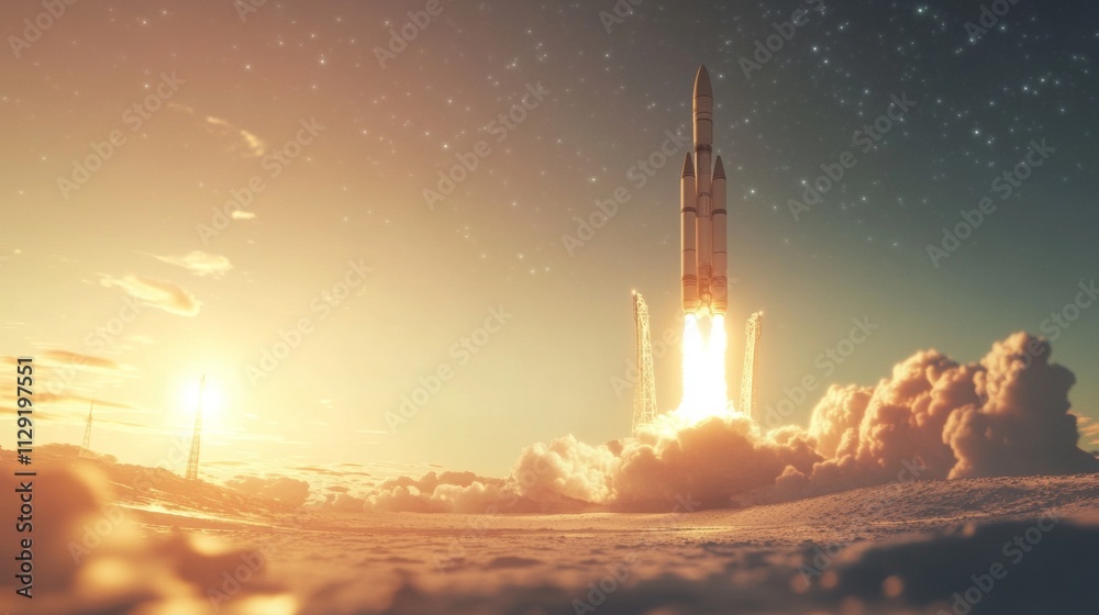 Naklejka premium The shuttle lifts off from the launch pad at the cosmodrome.