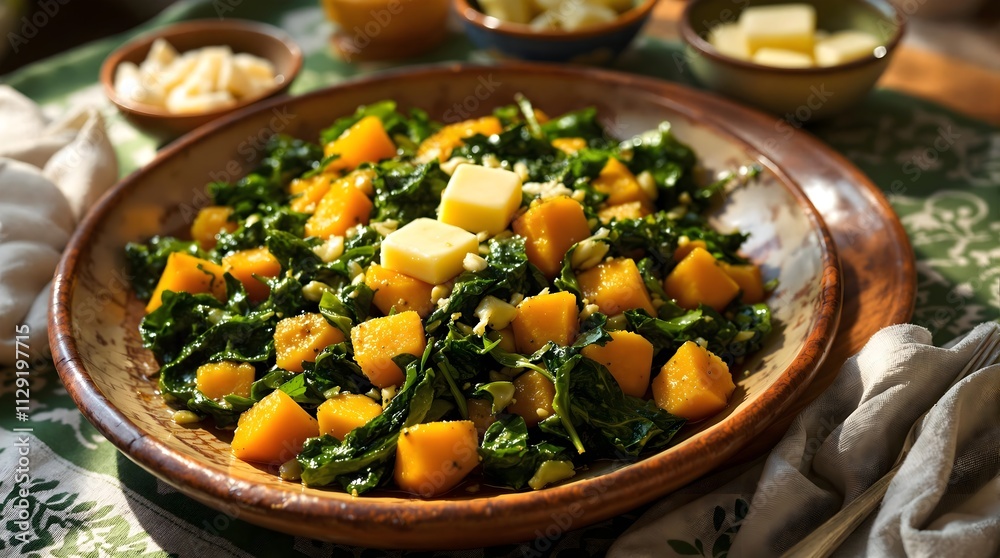 Sabzi va Qovoq Qovurma Stir-Fried Spinach and Pumpkin with Butter (Tajikistan Cuisine)