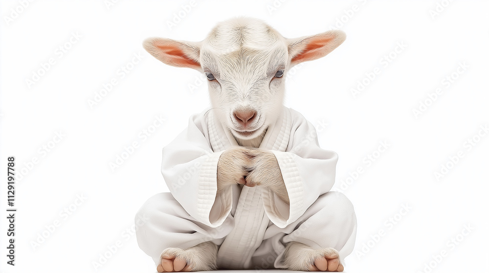 Adorable goat kid bowing in a karate uniform, isolated in white background Adorable goat kid bowing in a karate uniform, isolated in white background