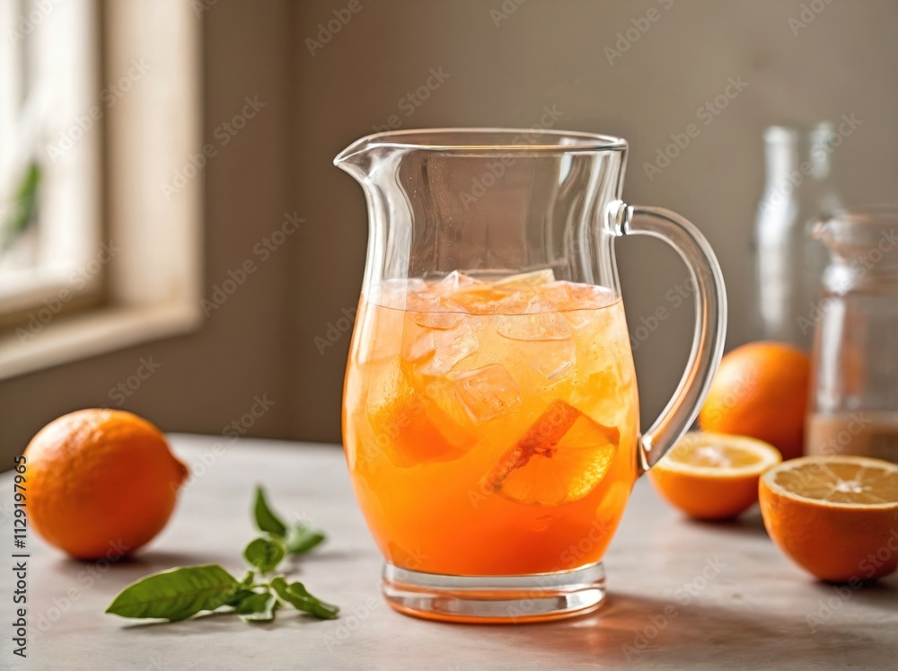 A small, transparent glass pitcher filled with orange agua fresca A small, transparent glass pitcher filled with orange agua fresca