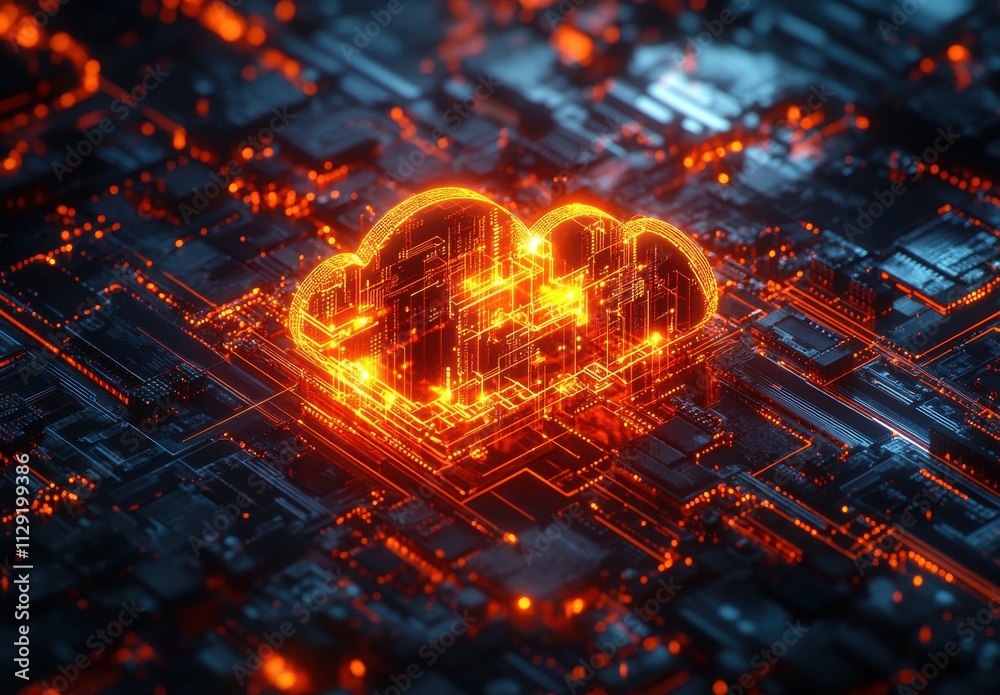 Futuristic Cloud Computing Concept with Digital Circuit Design and Glowing Orange Neon Lights for Technology and Innovation Illustrations Futuristic Cloud Computing Concept with Digital Circuit Design and Glowing Orange Neon Lights for Technology and Innovation Illustrations