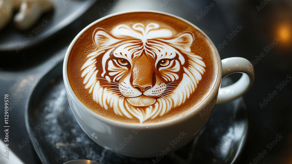 Christmas coffee cup with milk foam tiger
