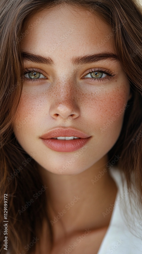 Fototapeta premium Close-up beauty portrait showcasing natural freckles, luminous green eyes, and soft pink lips, with flawless skin texture and gentle makeup creating a fresh, youthful appearance.