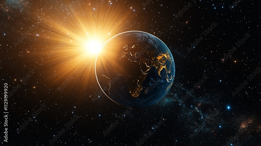 Obraz premium Stunning view of Earth from space with a brilliant sunrise illuminating the planet, showcasing a breathtaking celestial scene full of wonder and cosmic beauty beyond imagination.