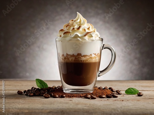 Un vaso elegante lleno de café espresso con una capa de crema batida en la parte superior, adornado con un toque de chocolate derretido
