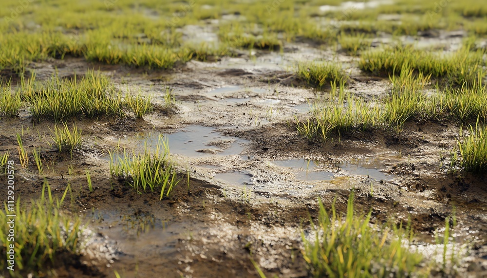 Muddy Ground with Patches of Grass and Puddles Muddy Ground with Patches of Grass and Puddles