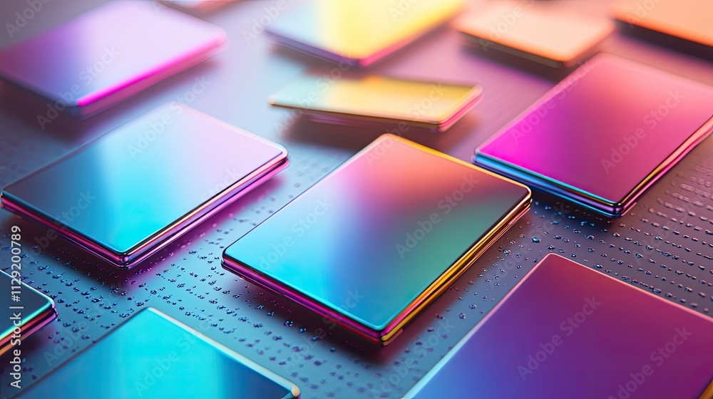 Abstract iridescent rectangles on a textured surface. A vibrant, colorful digital art piece showcasing a unique composition and playful design. Abstract iridescent rectangles on a textured surface. A vibrant, colorful digital art piece showcasing a unique composition and playful design.