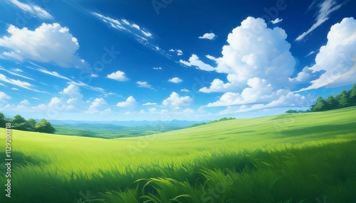 beautiful anime style illustration of a green field and blue sky with fluffy white clouds perfect for nature backgrounds