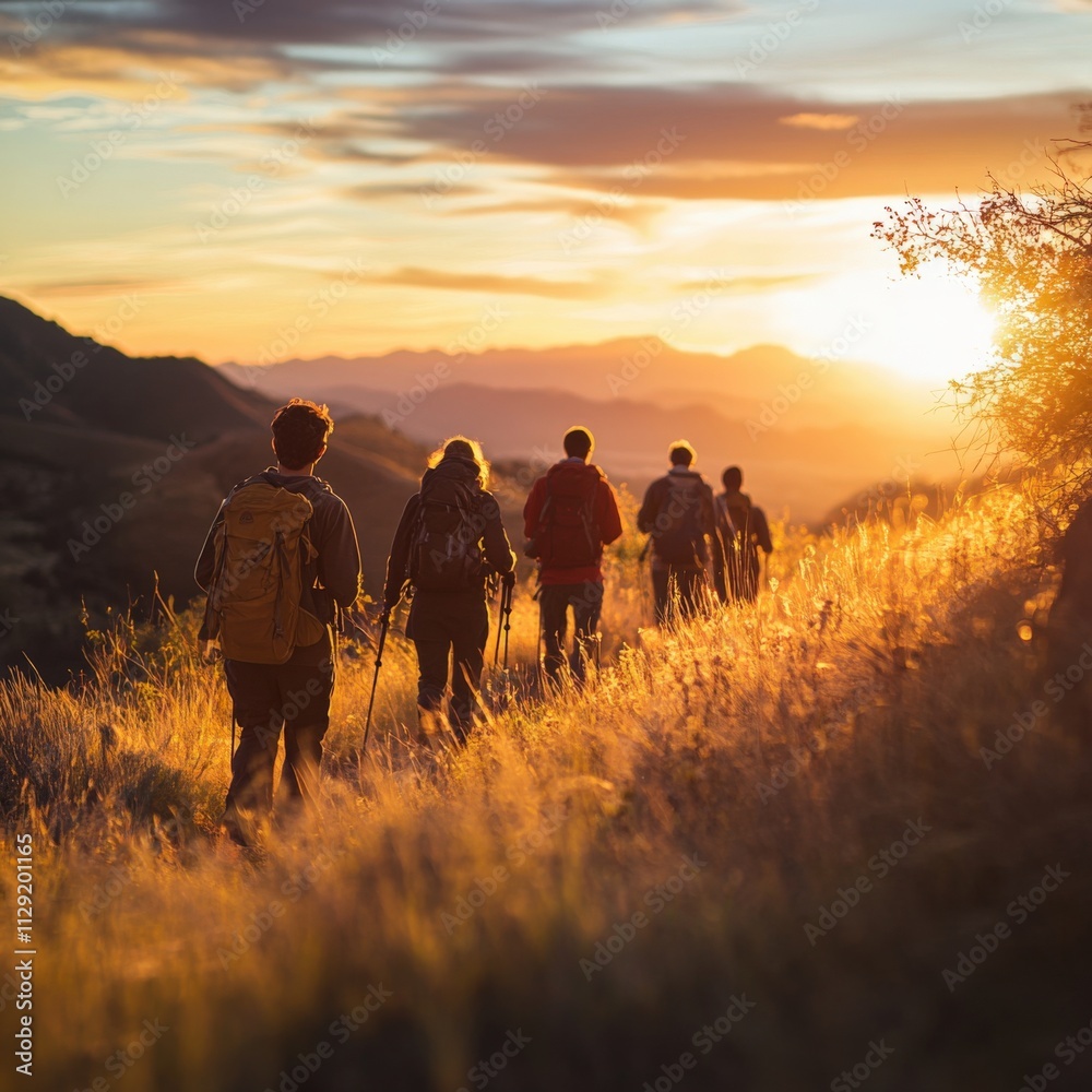 group of hikers walking through a scenic landscape at sunset group of hikers walking through a scenic landscape at sunset