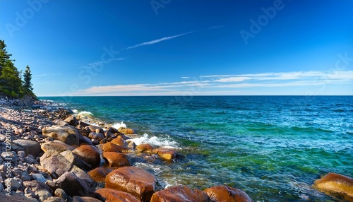 lake michigan lake superior great lakes petosky stones clear bright blue water with a light blue sky rocky beach rough waves generative ai photo